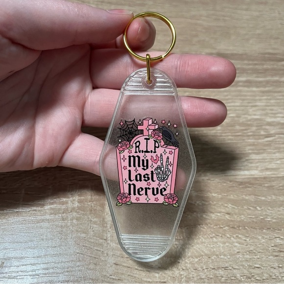 NEW Pink Headstone R.I.P My Last Nerve Keychain with Gold Ring - Picture 1 of 1